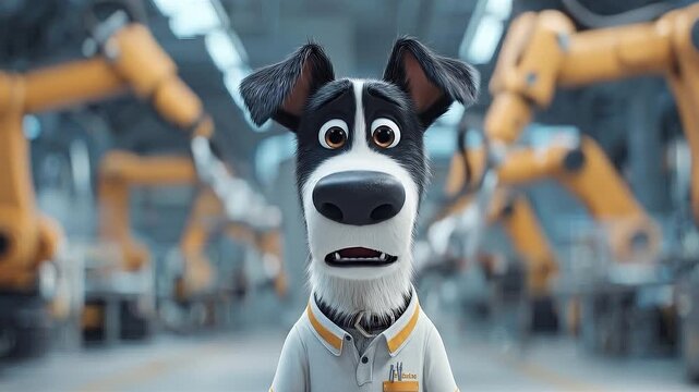 Dog's Predicament in the Factory: A curious dog stands amidst the mechanical arms of a factory, his expression a mix of bewilderment and wonder. It's a surreal juxtaposition.