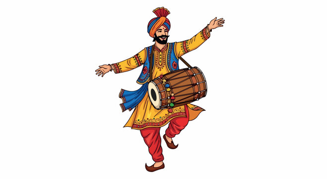 Illustration of a traditional Indian dancer wearing colorful attire and playing a drum with dynamic movements on a white background.