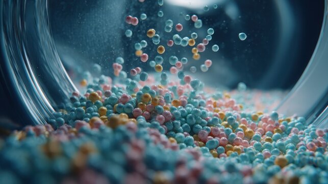 Colorful blue, pink, and yellow laundry scent booster beads are seen inside a glass container, with some spheres suspended in the air against a dark, cinematic background.