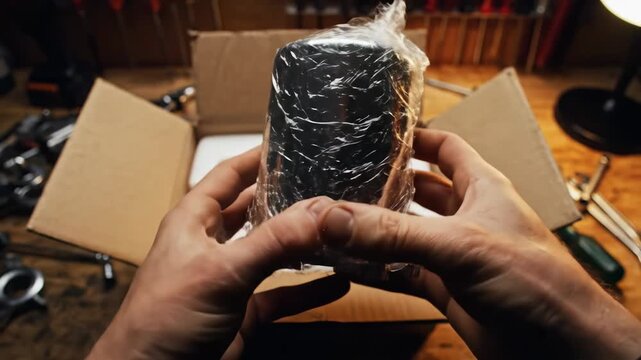 A mesmerizing unboxing experience unfolds as hands carefully extract a shiny stainless steel item from its protective packaging.