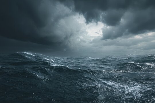 A dramatic view of a stormy ocean with large, dark waves crashing under a heavy, overcast sky filled with thick grey clouds. The scene captures the raw power of nature at sea.