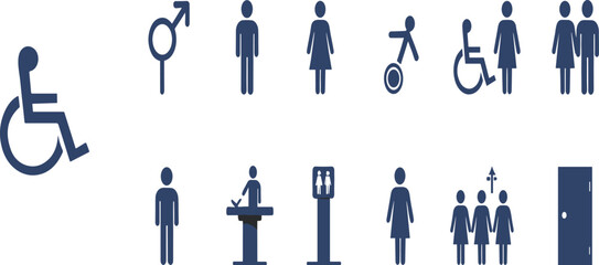Accessibility and Public Restroom Symbol Icon Vector Set with Male Female Gender Wheelchair Toilet and Wayfinding Pictograms
