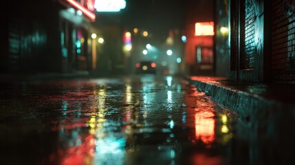 Obraz premium A low-angle shot of a wet city street at night, featuring vibrant neon light reflections on the rain-slicked asphalt with a blurred car and buildings in the background.