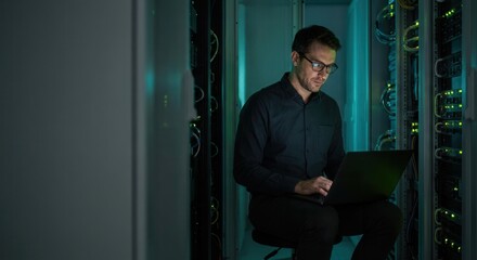 Fototapeta premium IT engineer working on laptop in server room data center.