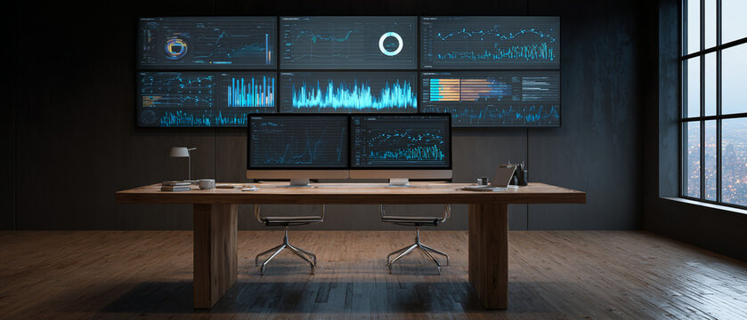 Modern Workspace Design: Multi-Screen Desktop Setup for Data Visualization and Analytics in a Creative Professional Environment