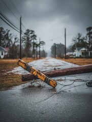 Obraz premium A fallen wooden utility pole lies across a wet asphalt road in a residential area after a storm. Broken cables and wires are scattered on the ground under a gloomy, overcast sky.