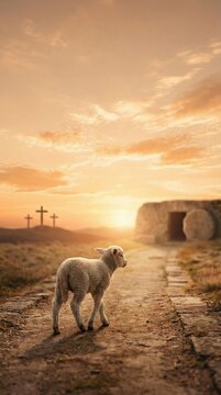 Lamb of God Walking Towards Empty Tomb at Sunrise.