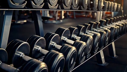 Gym Fitness Equipment Rows of Black Dumbbells on Rack