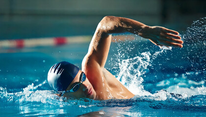 Male athlete swimming crawl in a pool during a race