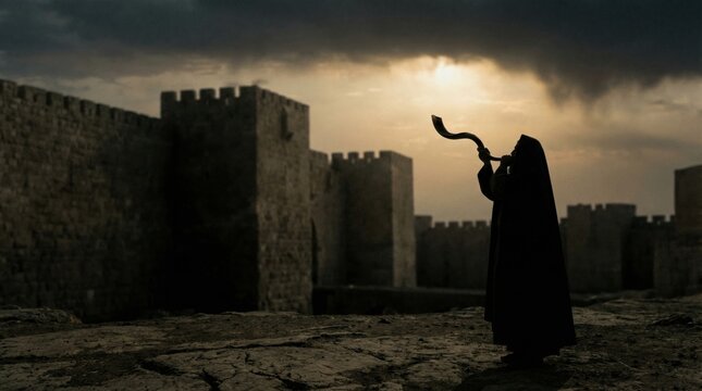 Mysterious Figure Blowing Shofar Horn Near Ancient Stone Walls Under Dramatic Sky.