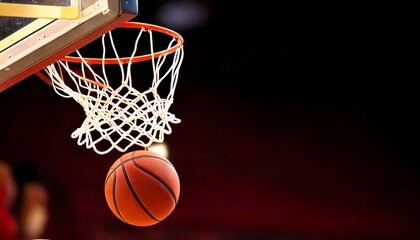 An orange basketball passing through a net into a hoop