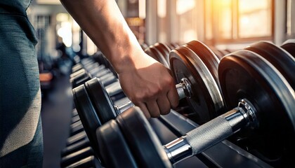 Athlete lifting dumbbells during workout in gym