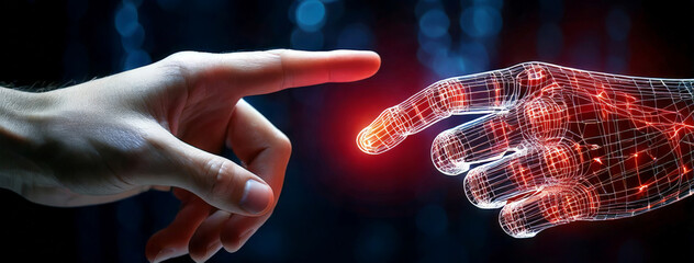 Human hand touching a robotic hand generating a bright light