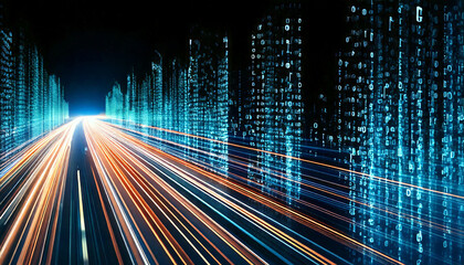 Digital Cityscape Data Streams, Fast Speed, Code Buildings, Futuristic Highway