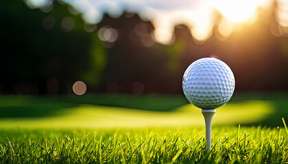 Golf club and ball on perfect green grass at sunset