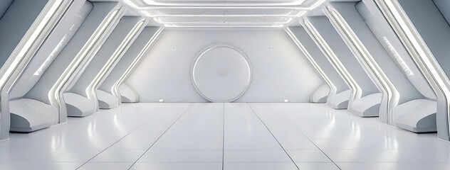 Bright futuristic hallway with windows letting daylight in