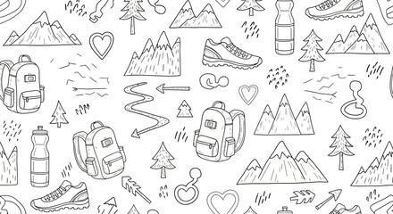 Obraz premium Hiking Gear and Nature Icons in a Hand-Drawn Style for Outdoor Enthusiasts