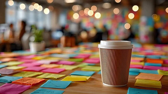 Busy office desk covered in colorful sticky notes features a paper coffee cup in front of people working in a soft-focus creative setting.