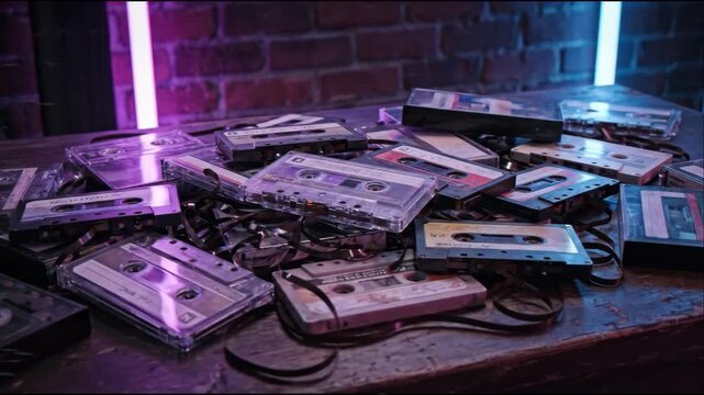 Pile of retro audio cassette tapes with tangled magnetic tape under neon light, embodying a nostalgic retrowave music concept