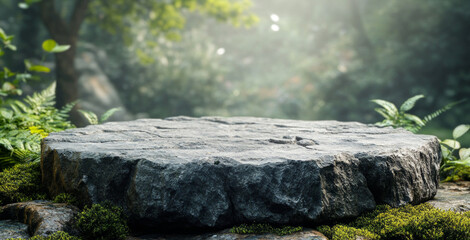 Obraz premium Surrounded by green moss and a blurred forest landscape, this stone slab conveys the natural harmony of nature — perfect as a natural backdrop for environmental presentations and landscaping projects.