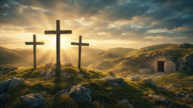 Three Crosses on Calvary Hill with Empty Tomb at Sunset, Symbolizing Easter and Resurrection.