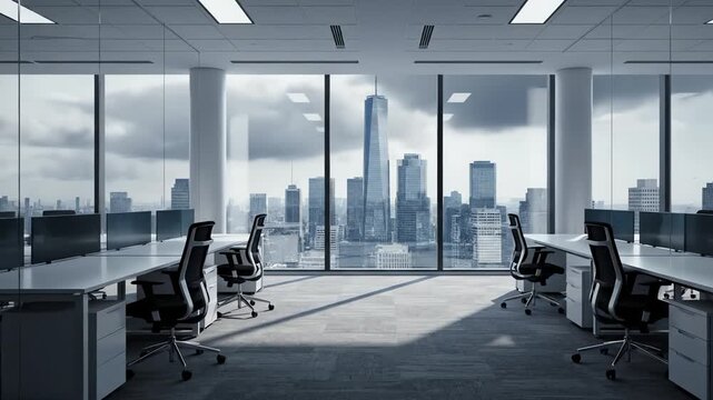 Empty Office Interior With City Skyline View and Global Business Atmosphere &ndash; AI Generated