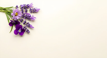 Fototapeta premium Purple pansies and lavender bouquet on white background minimalist floral arrangement spring fresh