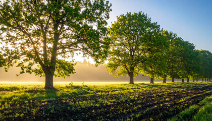 Obraz premium Peaceful rural setting with trees sprouting fresh green leaves under warm morning sunlight.
