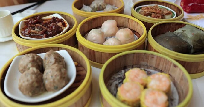 Chinese food Dim Sum in Bamboo Steamed Bowl 