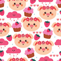 Obraz premium cute hand drawn cartoon pig with flower crown and pink stuff seamless pattern. cute valentine background pattern