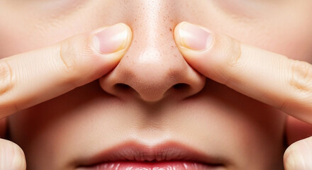 Naklejka premium Close up of fingers touching nose with visible pores and blemishes skin blackheads