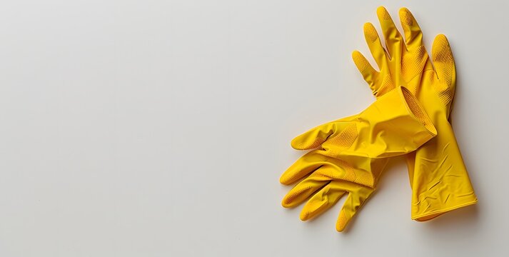 Bright yellow rubber gloves lay on a flat surface, prepared for various cleaning activities. Their textured surface ensures a good grip while handling cleaning supplies and tasks