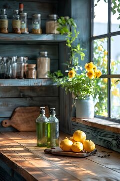 Sunlight streams through a window, illuminating a rustic kitchen corner. Fresh lemons are placed on a wooden cutting board, alongside green bottles and a jar of vibrant flowers