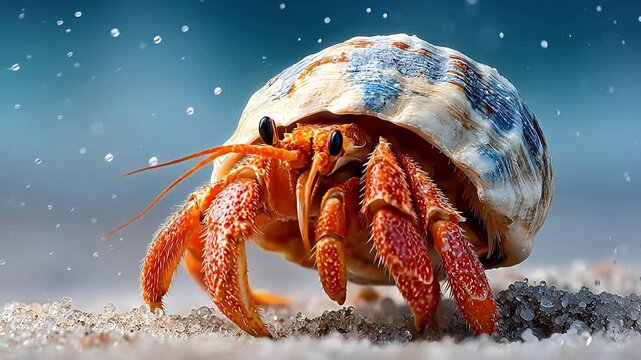 Hermit crab emerges from its textured shell on a sandy beach with sharp focus on orange claws and salty sea spray hitting the coastal air.