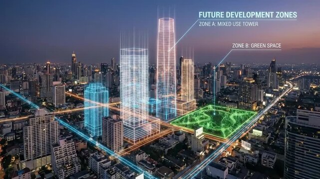 Smart city planning with highlighted future development zones and green space on an urban landscape at dusk