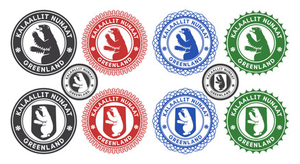Vector graphic set seals. In Greenlandic inscription means Greenland. Collection of round icons with northern symbol polar bear and shield. Color stickers or emblem
