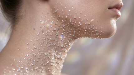 Fototapeta premium Woman's delicate neck and chin sparkle with tiny, clear crystals, emphasizing skin beauty, natural glow, and cosmetic care, creating a fresh, radiant body care concept