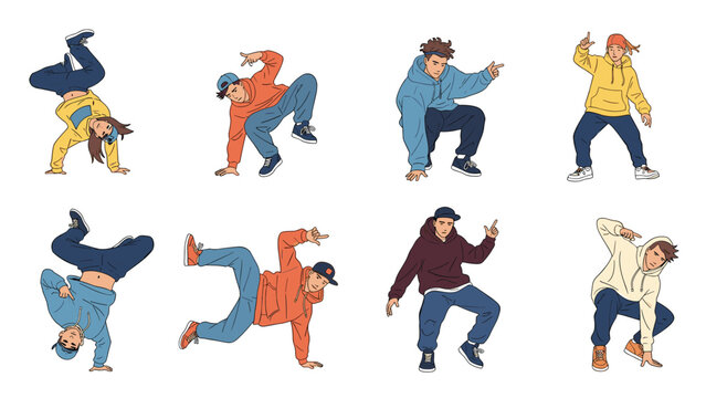 Set of illustrations showing young breakdancers in stylish streetwear performing dynamic hip hop dance moves and acrobatic poses.