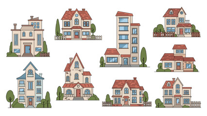 Obraz premium Detailed set of various house illustrations showcasing diverse architectural styles, sizes, and colors for residential neighborhood mapping.