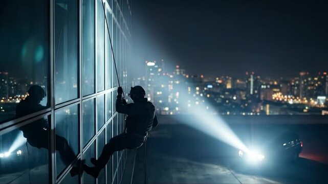 Tactical team member rappelling down skyscraper at night. Special operations urban rescue or military raid mission concept