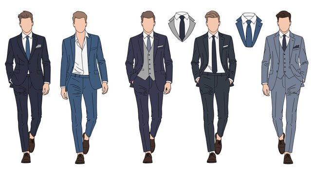 Selection of male models wearing various formal business suits and casual office attire in different shades of blue and grey.