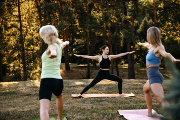 Woman leading group yoga practice outdoors while others follow on mats in a park. Fitness, wellness, mindfulness, balance and healthy lifestyle concept.