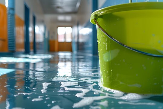 Water covers the hallway floor, creating a reflective surface. A green bucket sits nearby, suggesting ongoing cleaning efforts to address flooding in the area