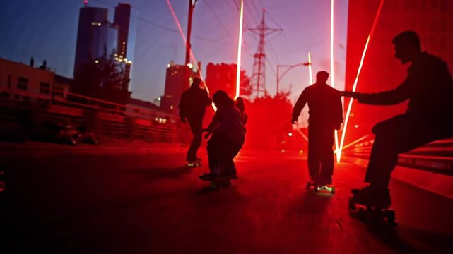 Energetic urban night scene featuring a group of young people skateboarding under dynamic red neon lights, capturing the thrill of street sports after dark