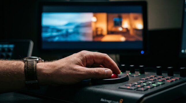 Professional editor hand operates a video color grading controller, working on post production visual content for creative media and filmmaking projects on screen