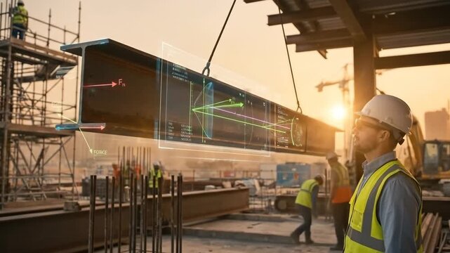 Male civil engineer supervises steel beam analysis with augmented reality during building construction at sunset