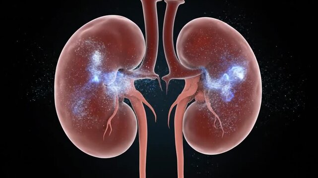 Medical illustration of human kidneys with detailed internal structures and urinary tract visualization for health education and anatomy reference