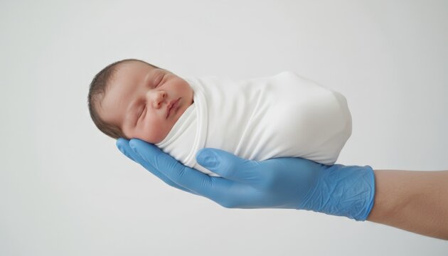 Newborn baby wrapped in white swaddling, sleeping peacefully while cradled gently in a doctor's hand wearing a protective blue glove, symbolizing medical care, new life, and ivf treatment