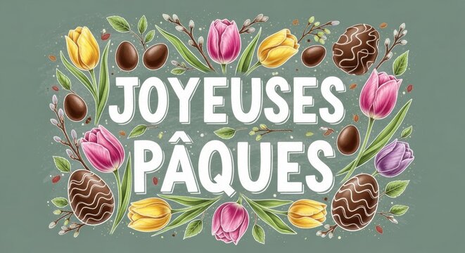 Joyeuses P&acirc;ques Elegant French Easter Poster with Watercolor Lettering, Spring Flowers and Chocolate Eggs