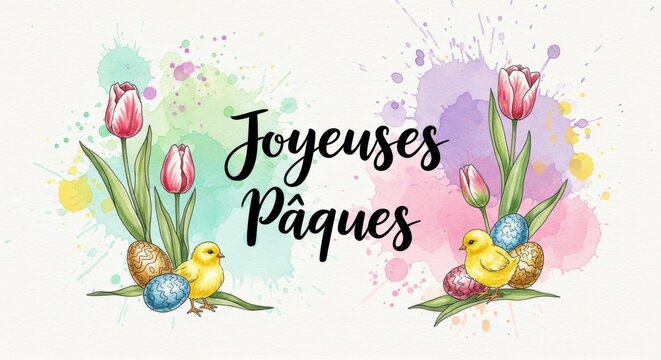 Joyeuses P&acirc;ques Elegant French Easter Poster with Watercolor Lettering, Spring Flowers and Chocolate Eggs